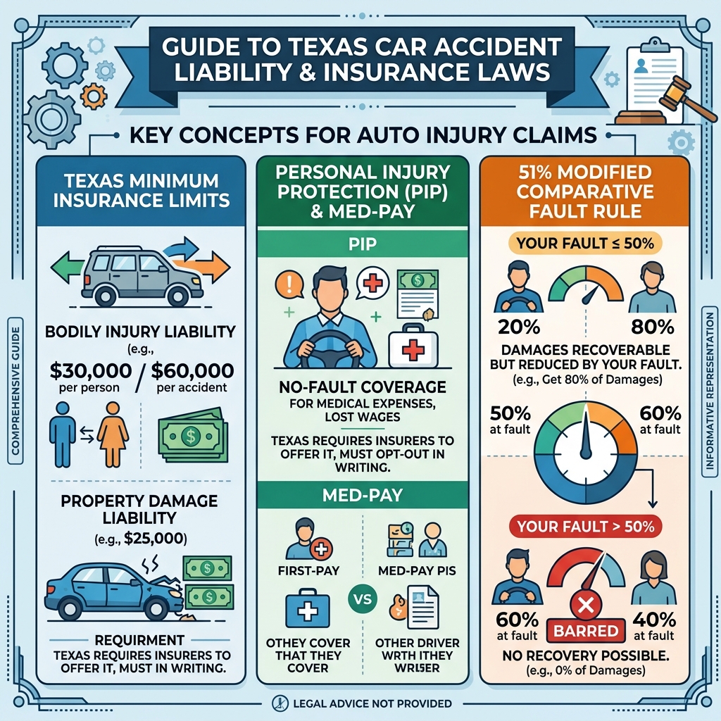 A detailed chart illustrating the Texas 51 percent modified comparative fault rule for car accidents and personal injury claims