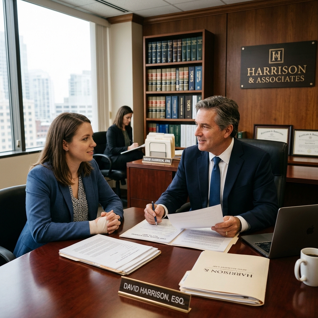 Experienced car injury attorney discussing a legal case with a client in a modern law office